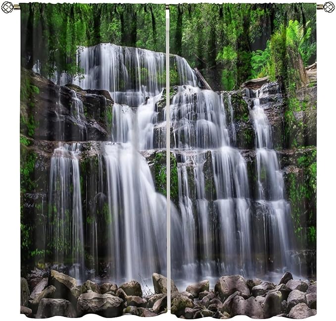 Natural Scenery Blackout Curtains, Spring Rustic Forest Waterfall River Landscape Window Drapes, for Bedroom Living Room 42" W X 45" L