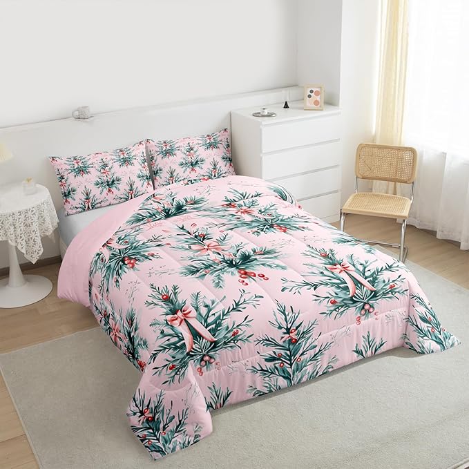 Feelyou Merry Christmas Kids Comforter Set King Size Green Xmas Tree Bedding Set Pink Bow Duvet Quilt for Kids Boys Girls Bedroom Decor Microfiber Ultra Soft Breathable