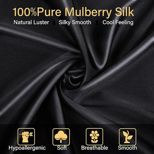 100% Mulberry Silk Pillowcase 2 Pack for Hair and Skin,with Hidden Zipper,Both Sides 22 Momme Natural Silk Pillow Cover,Soft Breathable & Smooth (Black, Standard)