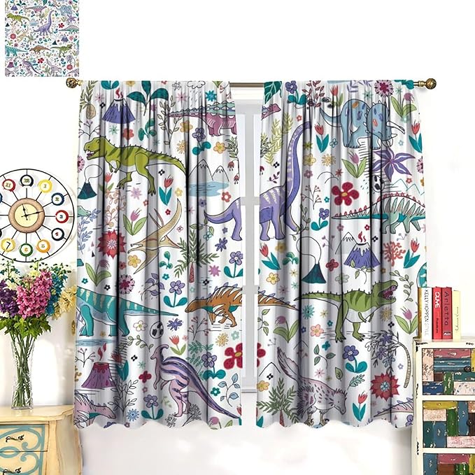 Dinosaur Curtains Cartoon Cool Funny Dino Tropical Plant Leaves Flowers Aesthetics Art Print for Kids Boys Bedroom Living Room Rod Pocket Decoration Window Drapes 2 Panels W36xL63in