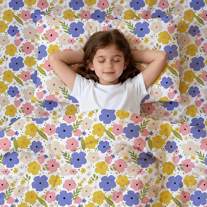 LONAVA Toddler Kids Comforter Set - 4 Pieces Toddler Bedding Sets for Boys Girls Children, Ultra Soft Microfiber Bed in A Bag with Flat Fitted Sheets, Flower