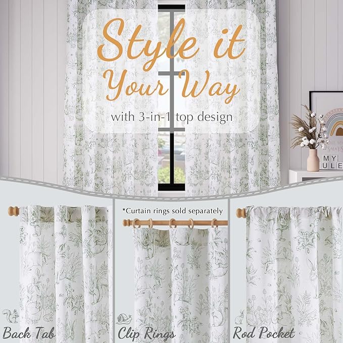 jinchan Linen Nursery Curtains 84 inch Long Woodland Wildlife Sage Green Print Drapes for Kid's Room Light Filtering French Country Farmhouse Curtains with Bunny and Forest Design Set of 2 Panels