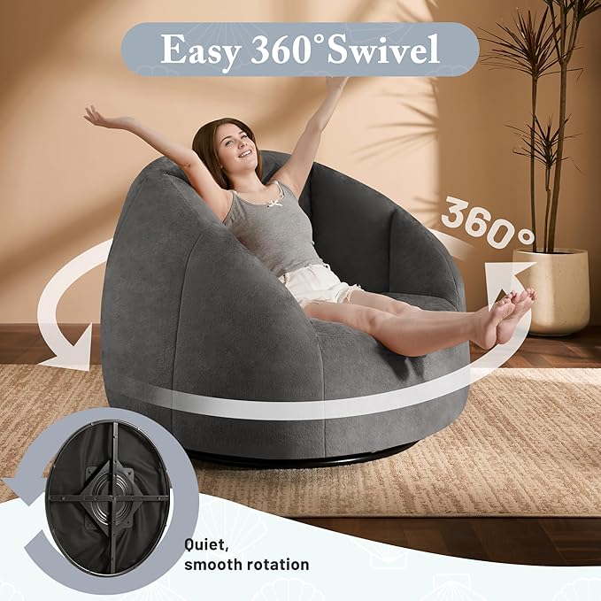 Giant Bean Bag Swivel Chair for Adults with Ottoman - Comfy Plush Round Shell Soft Accent Chaise Lounge Indoor Reading Chair, Oversized Cozy Floor Sofa for Living Room, Bedroom Dorm, Gray