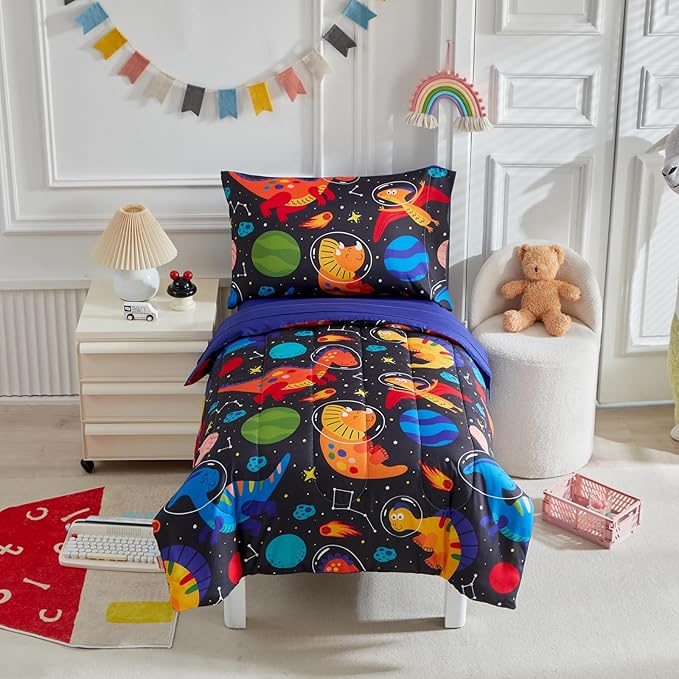 4 Pieces Toddler Bedding Set for Boys Girls Black Toddler Bed Set - Ultra Soft Cartoon Space Orange Dinosaur Toddler Bed in a Bag - 1 Comforter Set 1 Fitted Sheet 1 Flat Sheet 1 Pillowcase