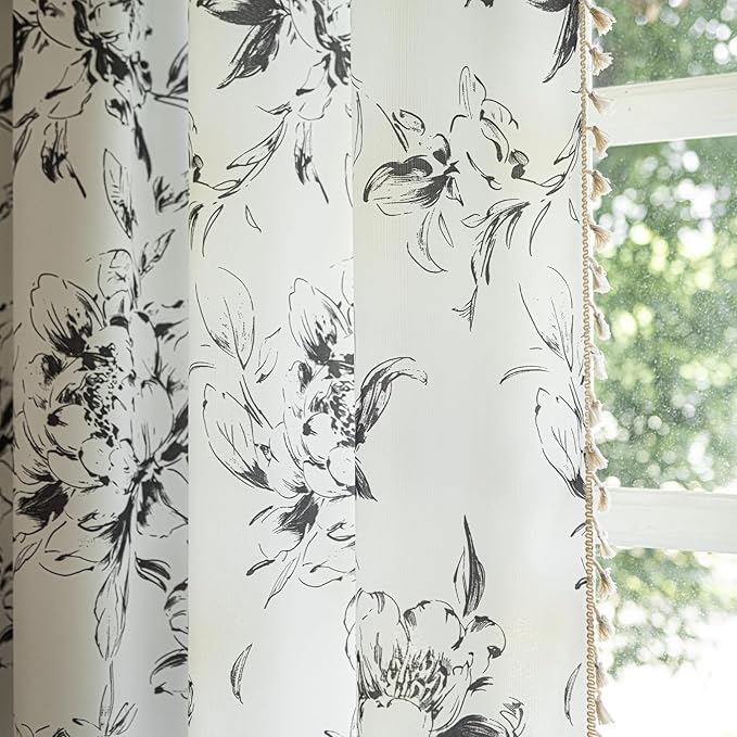 ENJOYBRIDAL Floral Curtains 63 Inches Long Semi Sheer Living Room Drapes Boho Bedroom Rod Pocket Short Window Curtain Panels Cute Patterned Light Filtering Farmhouse 2 Panels Window Treatments