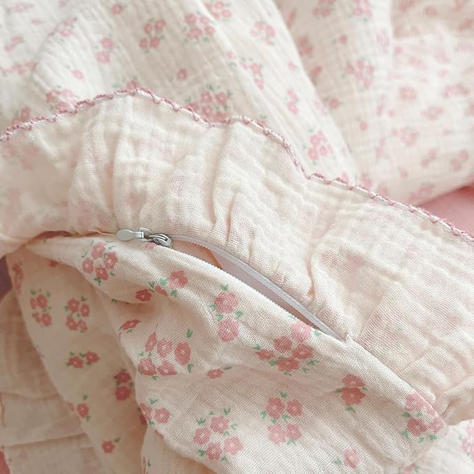 BuLuTu Pink Galsang Flower Print Girls Duvet Cover Twin Size Comforter Cover Gauze Cotton Kids Teens Bedding Vintage Floral Design Quilt Cover with Ruffles, 68"x86", No Pillow Case/Comforter