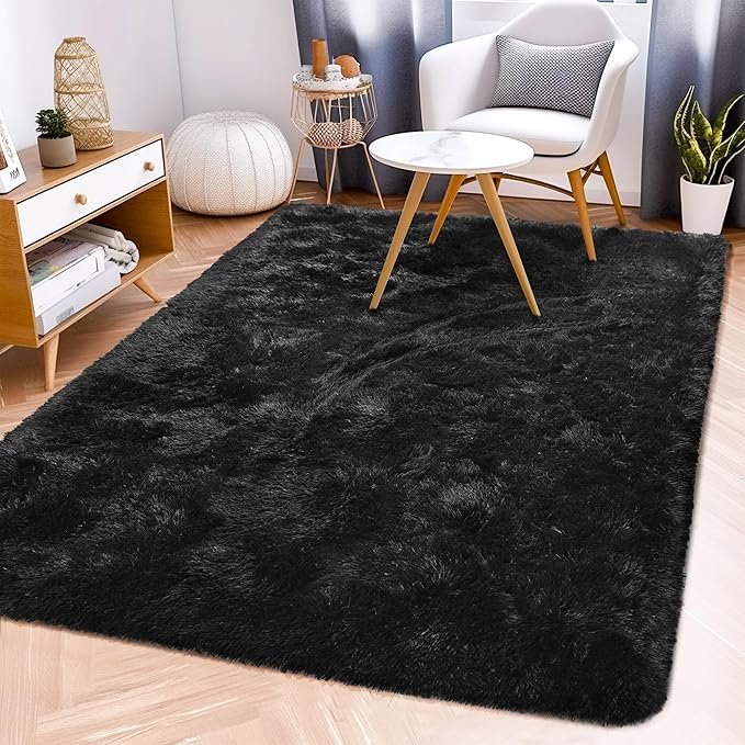 Fluffy Rug Flame Resistant 5x7 Feet, Black Throw Rugs for Living Room, Ultra Soft Shag Fuzzy Plush Carpets Indoor