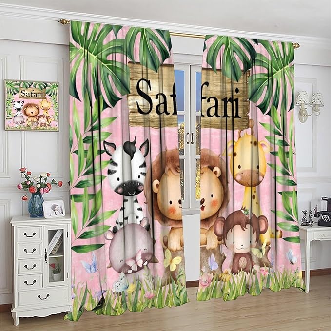 Kids Safari Animals Curtains, Cartoon Wildlife Tropical Leaf Pink Window Treatments, Rod Pocket Thermal Insulated Drapes 2 Panel Sets for Bedroom Nursery Classroom, 42" W X 45" L