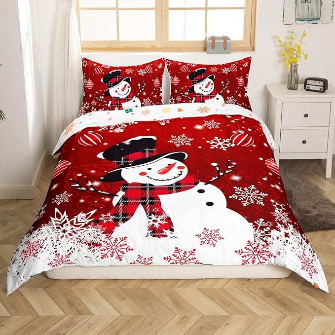 Manfei Snowman Duvet Cover Set Full Size, Snowflake Balloon Xmas Decor Comforter Cover with 2 Pillowcases, Christmas Red Bedding Set 3pcs for Kids Boy Girls Lightweight Bedspread Cover,No Comforter
