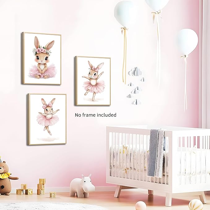 Kusag Baby Girl Nursery Posters Wall Decor, Easter Nursery Canvas Wall Art Paintings Set of 3, Cute Animal Pink Bunny Prints Pictures for Boys and Girls Room, Bedroom, Home Decor 12x16 In Unframed