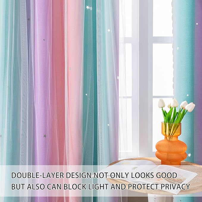 XiDi Kids Pink Curtains for Girls Bedroom 2 Panels Star Cutout Rainbow Blackout Curtains for Nursery Decor Window Treatment Grommet Room Darkening Drapes 63 Inches Long Pink Purple Green W42 x L63