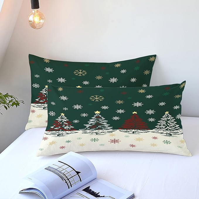 Christmas Duvet Cover Full Size Green Christmas Tree Bedding Set Kids Boys Girls Xmas Holiday Cartoon Snowflake Comforter Cover 3 Pieces with Zipper Closure (No Comforter)