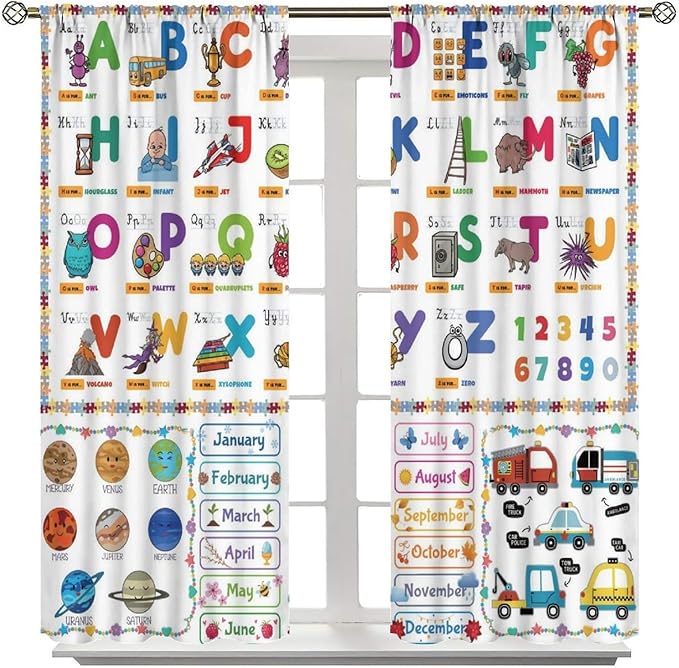 Alphabet Curtain for Kids Room ABC Letter Educational Learning Animal Number Printed Rod Pocket Blackout Window Drapes for Bedroom Playroom Classroom 52" W X 84" L