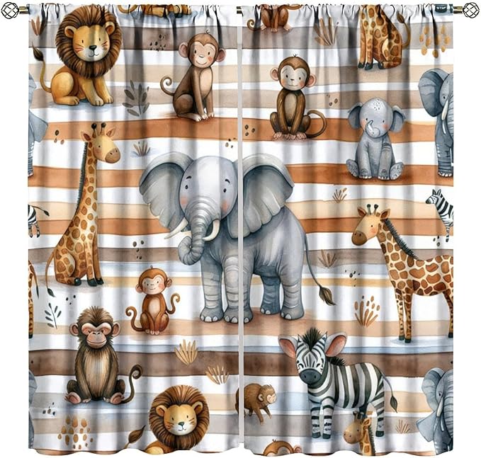 Kids Animal Curtains Elephants Giraffes Monkeys Lions Zebras Window Treatment for Kids Boys Girls Nursery Baby Bedroom Playroom Home Decor Window Drapes 52" W X 84" L