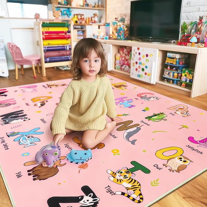 Kids Rugs for Playroom, 5x7 Feet Educational Rug for Learn The ABC Alphabet, Soft Machine Washable Non-Slip Cute Cartoon Animals Carpet for Classroom Toddler Nursery Kids Room Decor, Pink