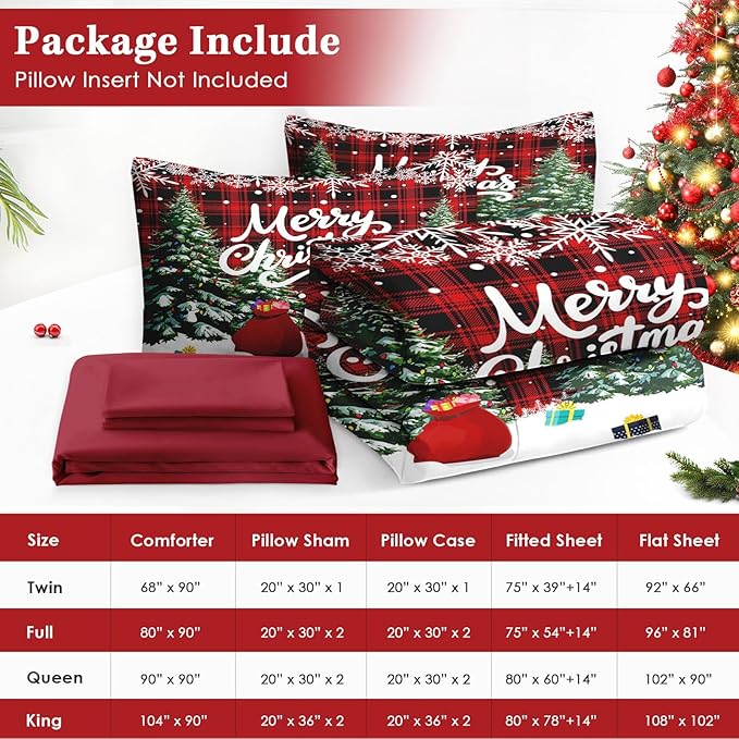 7 Pcs Queen Size Christmas Comforter Set with 2 Pillowcases & 2 Shams, Green Cartoon Trees Bedding for Kids and Adults, Black Red Plaid Bed in a Bag with Flat Fitted Sheet