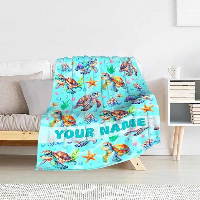 Custom Turtle Stuff for Girls - 30" x 40" Inches Sea Turtle Throw Blanket for Kids - Green Warm Lightweight Blankets for Sofa, Lap & Office