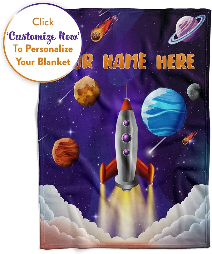Rocket Ship Blanket for Kids, Cute Custom Name Throw for Boys and Girls, Fun Outer Space, Galaxy, and Planets, Soft and Plush, Birthday and Christmas, (Sherpa 50x60)