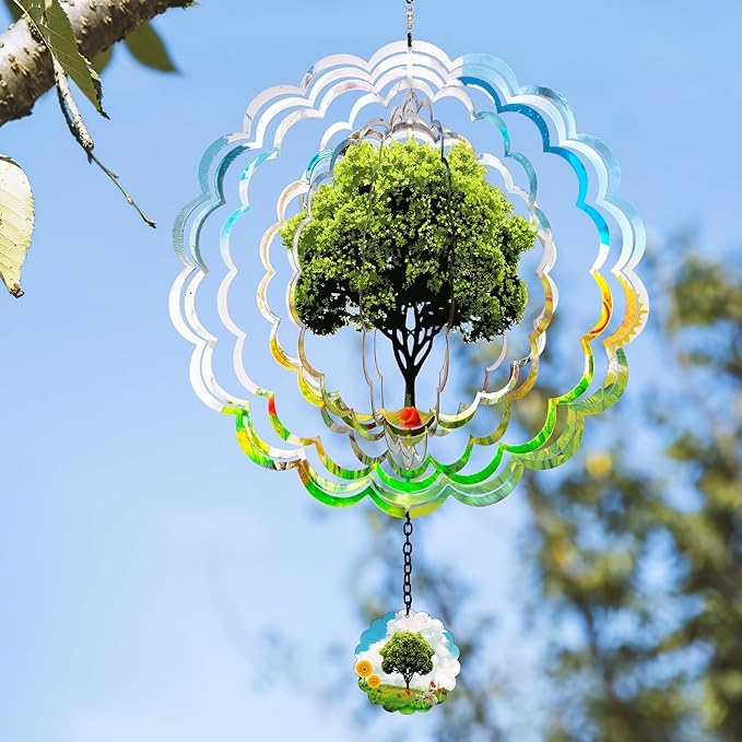 J-Fly Hanging Decor Outdoor,Outdoor Garden Decor, Wind Spinners Outdoor Colorful Green Tree Hanging Decor,Ornaments Kinetic Yard Art, for Women-Big Green Tree Wind Spinners.