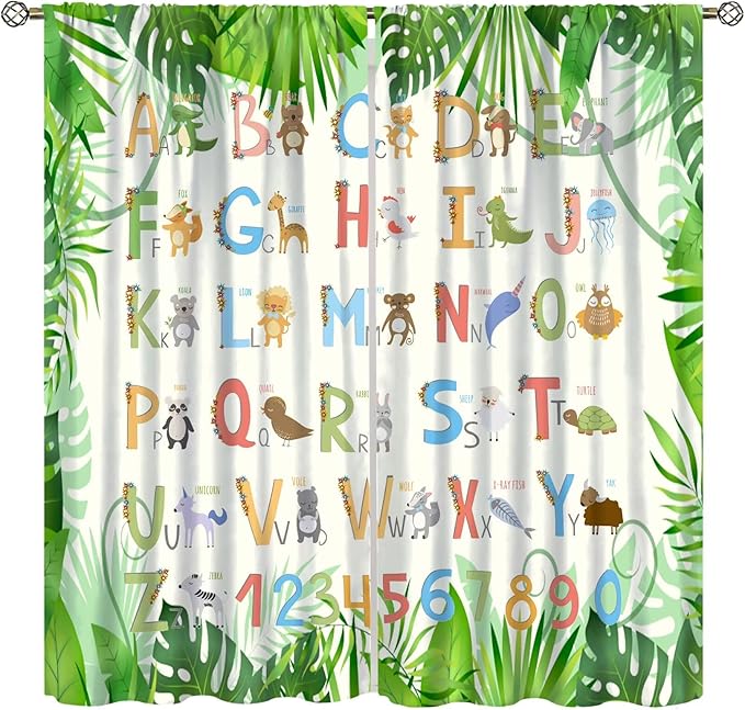 Kids Animal Alphabet Curtain Tropical Plant Alphabet Educational Printed Rod Pocket Blackout Window Drapes for Bedroom Living Room Nursery School 84" W X 84" L