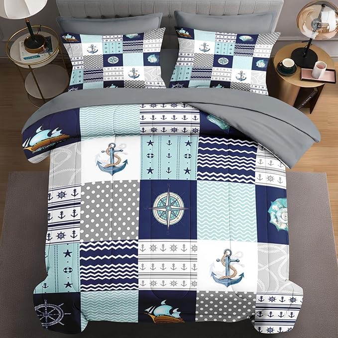7 Pcs King Size Comforter Set with 2 Pillowcases & 2 Shams, Nautical Blue Marine Summer Bedding for Kids and Adults, Sea Ocean Boat Plaid Bed in a Bag with Flat Fitted Sheet