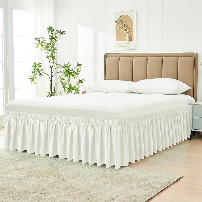 Biscaynebay Wrap Around Bed Skirts for Queen Beds 19" Long Drop, Ivory Adjustable Elastic Dust Ruffles Easy Fit Wrinkle & Fade Resistant Silky Luxurious Fabric Solid Machine Washable