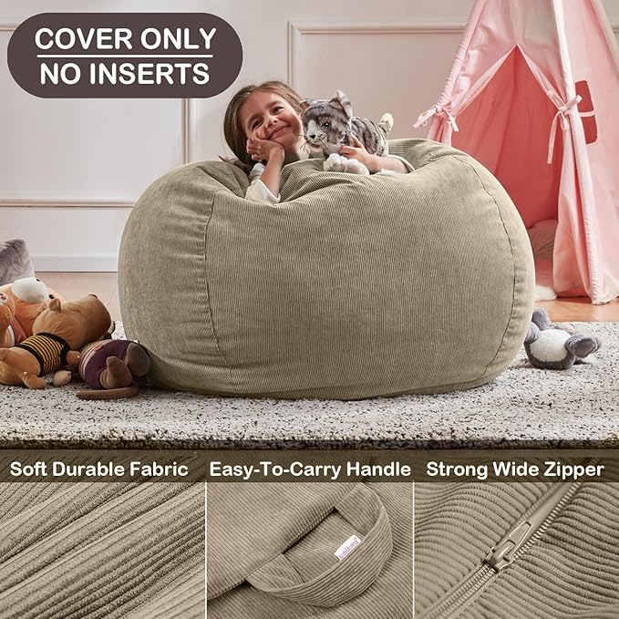 Nobildonna 3 ft Bean Bag Chair Cover (No Filler) 35"×43" Large Stuffed Animal Storage Bean Bag Washable Big Beanbag Chair Cover Premium Corduroy Bean Bag Cover for Adults,Kids,Khaki Gray 300L