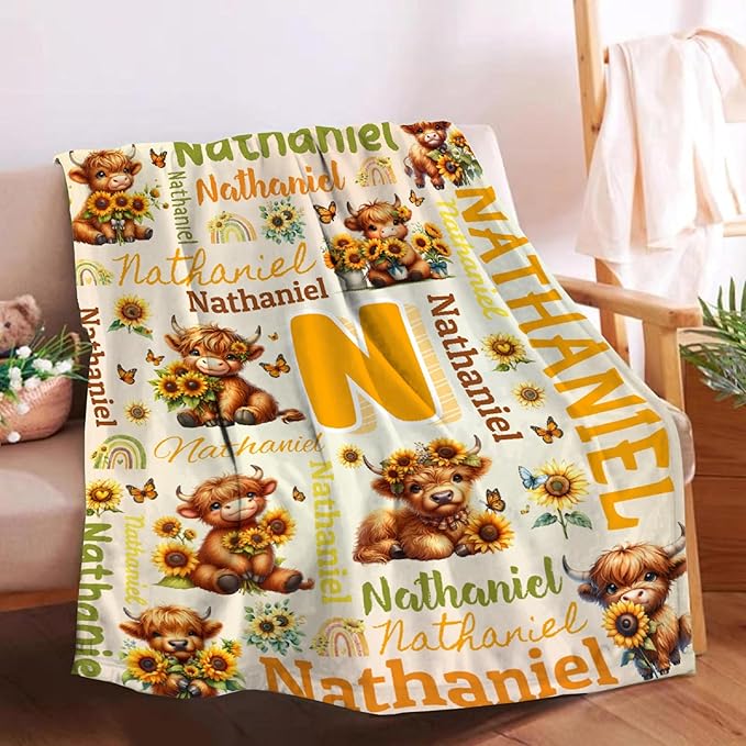Personalized Custom Sunflower Highland Cow Preschool Blanket Gifts for Baby Toddler Kids Boys Girls Children - Customized Sunflower Highland Cow Super Soft Flannel Sheets 40"x50" Decor for Nap Couch