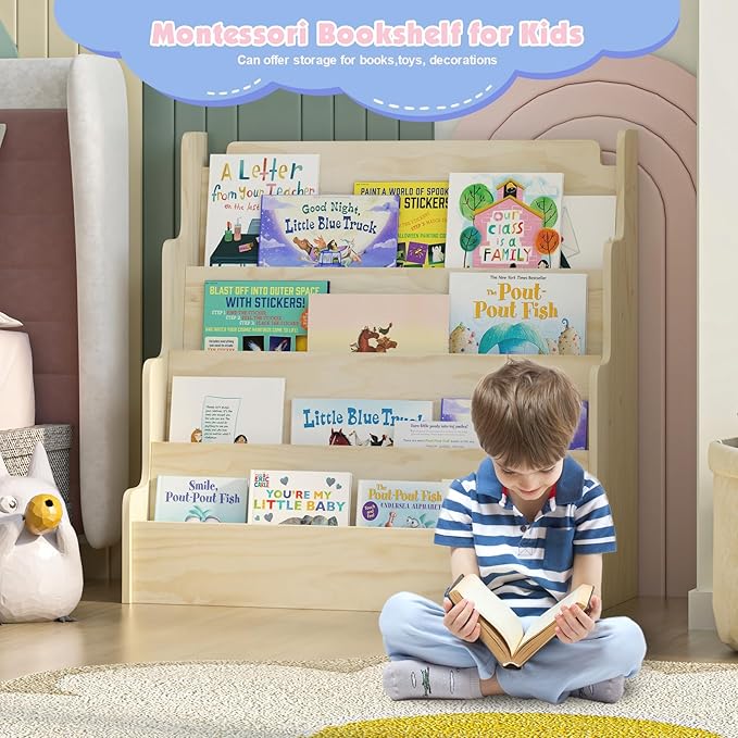 4 Tier Scalloped Kids Bookshelf Natural Wood Toddler Book Rack Nursery Bookcase Playroom Coloring Book Magazine Display Storage Shelf Organizer Classroom Library Homeschooling (Normal)