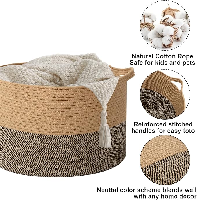 Large Blanket Basket for Organizing,65L Closet Organizers and Storage Bins Box for Shelves Woven Rope Storage Baskets,Living Room,Bedroom,Dorm,Laundry room (Jute&Black)