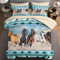 7 Pcs Queen Size Comforter Set with 2 Pillowcases & 2 Shams, Horses Western Bedding for Kids and Adults, Tribal Sunset Run Bed in a Bag with Flat Fitted Sheet