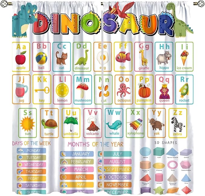 Funny Kids Alphabet Curtain, Cartoon Animal Alphabet Learning Dinosaur Boys Kids Students Baby Educational Colorful Blackout Window Treatments for Bedroom Living Room School 52" W X 84" L