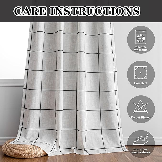 MYSKY HOME 100% Blackout Plaid Linen Curtains 63 Inches Long Double Layer Farmhouse Thermal Insulated Checkered Print Drapes with Rod Pocket Back Tab for Bedroom Living Room, 2 Panels, 52"Wide, Black