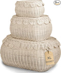 BEBE BASK Large Scalloped Basket Set Of 3 - Hand-Woven & Award-Winning Scallop Basket - XL - Extra Large for Blankets 22 x 16 x 10 In - Elegant Wicker With Scalloped Edge Lid (Natural)