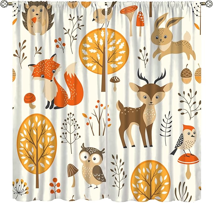 Kids Forest Animal Curtains,Baby Bedroom Window Treatments, Cartoon Watercolor Forest Animal Lion Boys Girls Children Bedroom Drapes 55x63in