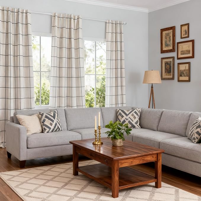 MYSKY HOME 100% Blackout Grey Plaid Farmhouse Linen Curtains 84 Inch Long 2 Panels Set Double Layer Checkered Drapes Thermal Insulated Privacy Protection Living Room Back Tab, 52" W, Deep Grey