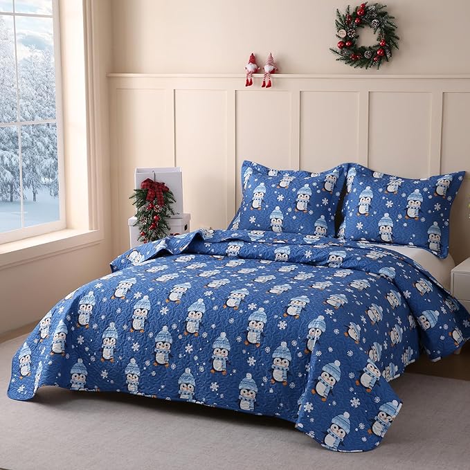 JSD 3 Pcs Kids Christmas Quilt Set Full/Queen, Blue Penguin Christmas Theme Bedding, Soft Microfiber Bedspread Coverlet Holiday Quilted Blanket