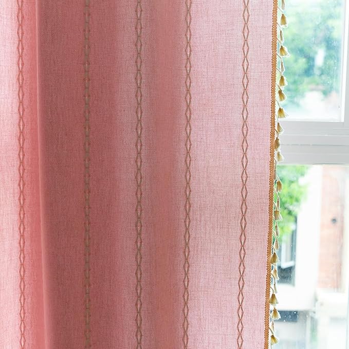 Deeprove Pink Boho Curtains 84 inches Length for Baby Girl Bedroom Nursery, Blush Bohemian 84 inches Long Embroidery Farmhouse Light Filter Privacy Style Tassel Window Treatments, W52 x L84, 1 Panel