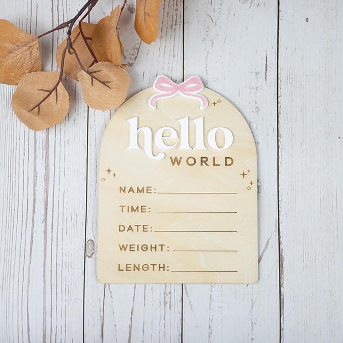 Baby Announcement Sign with Stand & Marker – Hello World Wooden Name Plaque for Newborn Photoshoot, Baby Shower, Rustic Keepsake Birth Stat Sign for Hospital Birth Announcement (Acrylic Ribbon)