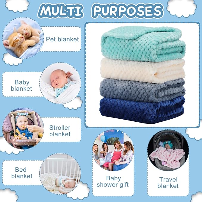 Frienda 4 Pcs Baby Fuzzy Blanket Fluffy Baby Blanket for Boys Girls Soft Warm Infant Newborn Toddler Receiving Nursery Bed Supplies, 32 x 24 Inch(Blue Green Color)
