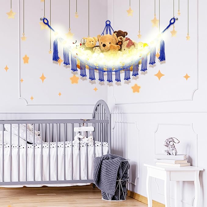 Stuffed Animal Hammock with LED Light, Large Stuffed Animals Storage Corner Plushie Net for Kids Room Decor, Jumbo Royal Blue