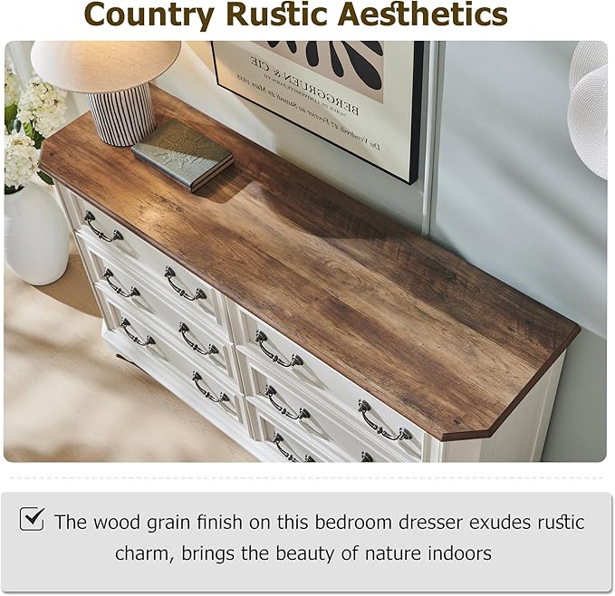 T4TREAM Farmhouse 6 Drawers Dresser for Bedroom, 54" Wide Wood Rustic Chest of Drawers with Natural Texture, Vintage Design, Storage Dressers Organizer for Bedroom, Living Room, Antique White