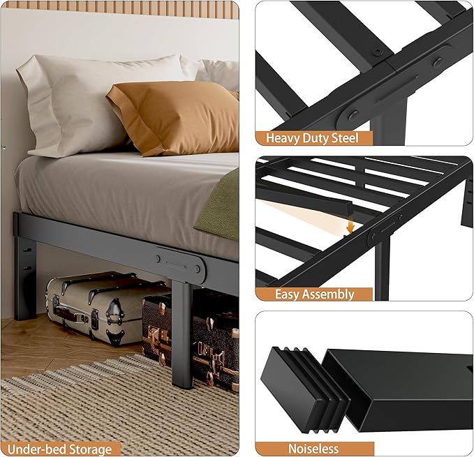 Black Queen Bed Frame 12 Inch, Metal Queen Size Bed Frame No Box Spring Needed, DIY Headboard Holes, Heavy Duty Steel Support 3500 LBS, Noiseless, Round Corner Leg, Storage Space, Easy Assembly