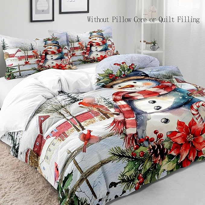 LUVIVIHOME 3PCS Cute Snowman Duvet Cover Queen Bedding Sets, Christmas Bedding, Red Bird Cardinal Poinsettia Winter Holiday New Year Xmas Gifts Christmas Comforter Bedspread Quilt Cover 2 Pillow Shams