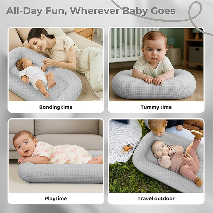 Baby Lounger for Newborn - Infant Lounger 0-24 Months with Lounger Cover, Cooling Baby Nest Lounger, Breathable Waffle Fabric & 3D Support, Portable Newborn Essentials, Gray