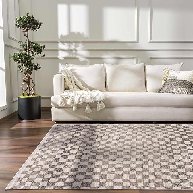 Hauteloom Pertek Modern Checkered Area Rug - Modern Geometric Carpet for Living Room, Kids Room, Nursery - Bohemian Boho Carpet - Brown, Beige, Cream - 2' x 3'