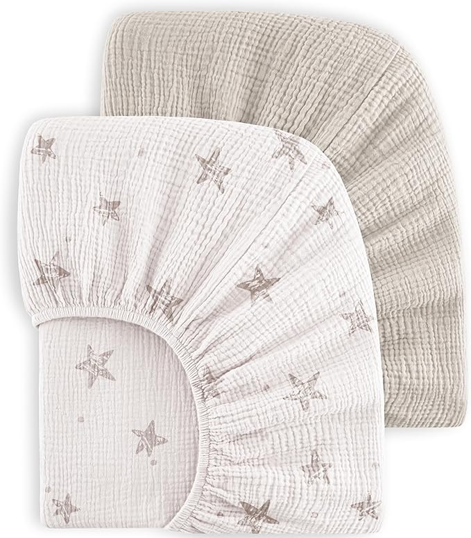 Bearmoss Muslin Crib Sheets - 100% Cotton Baby Crib Sheets Fitted for Standard Crib Mattress & Toddler Bed Mattress 52"x28" Soft Breathable Crib Sheet Neutral for Boys Girls - 2 Pack (White Star)