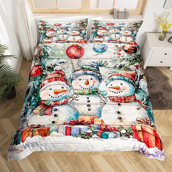 Cartoon Snowman Duvet Cover Set Twin Size,Xmas Tree Winter Snow Merry Christmas Bedding Set,Boys Girls Room Decor,Wooden Plank Rustic Comforter Cover,White Quilt Cover,1 Pillowcase,No Comforter