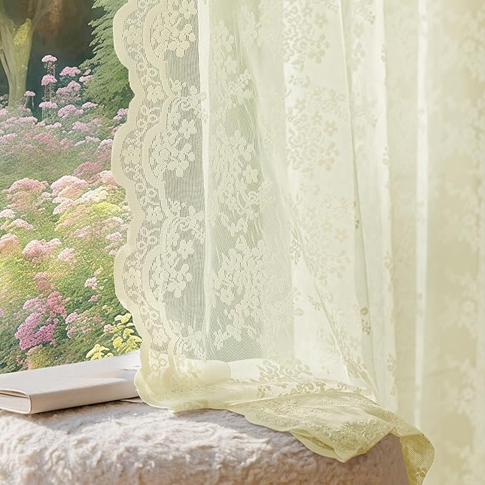 Anmao Vintage Lace Curtains 72 Inches Long 2 Panels Set, Romantic Elegant Light Filtering Semi Sheer Floral Thick Lacy Curtain Drapes for Living Room and Bedroom, Each Panel 55W x 72L, Cream Yellow