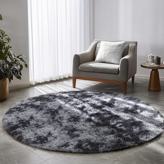 Amdrebio Tie-Dyed Dark Grey Round Area Rugs for Living Room, 7x7 Rug, Soft Thick Large Circle Rug for Bedroom, Big Shag Fluffy Plush Carpet for Mens Boys Kids Room, Modern Cool Furry Circular Rug